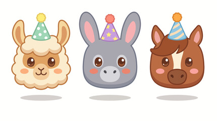 Naklejka premium Cute cartoon alpaca, donkey and horse faces wearing colorful party hats illustration