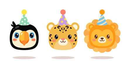 Fototapeta premium Cute cartoon animal heads celebrating a joyful party with colorful hats, featuring a penguin, leopard, and lion in festive attire