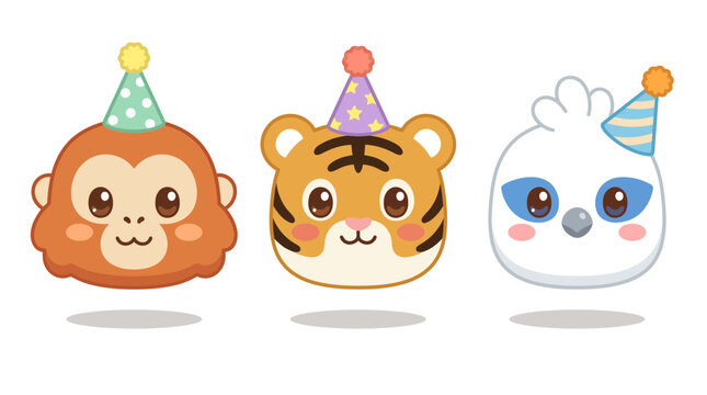 Cute cartoon animal avatars monkey tiger and bird wearing party hats illustration
