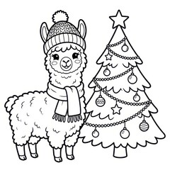 Naklejka premium Cute llama in winter hat and scarf next to Christmas tree