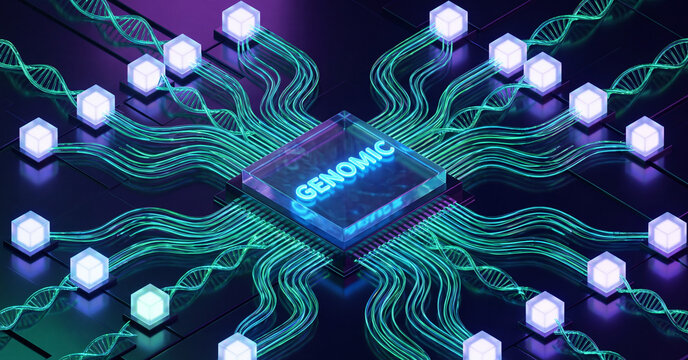 Genomic processor chip connected to glowing dna helix strands on a futuristic dark circuit board representing advanced medical research and digital biological science data computing
