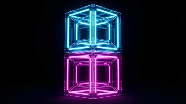Two stacked transparent glass cubes with glowing neon blue and pink frames isolated against a solid black background