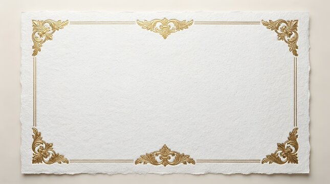 White textured paper sheet with golden floral corner ornaments and a thin gold border frame for invitations or certificates