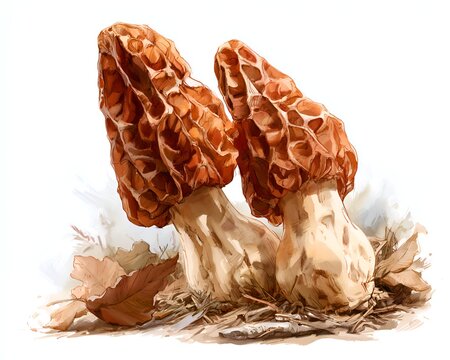Two morel mushrooms with textured caps and thick stems, surrounded by dry leaves and forest floor debris