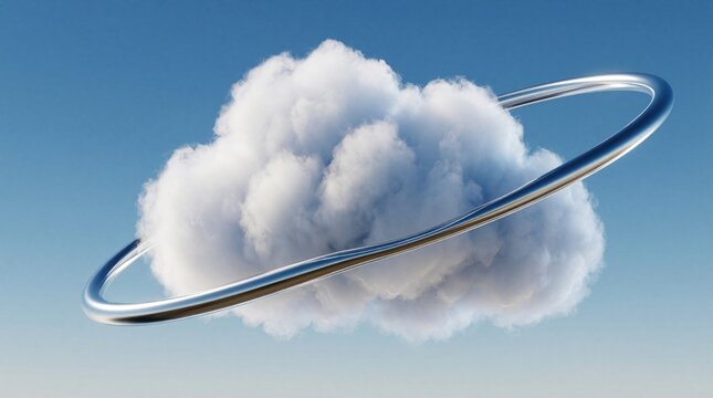 Fluffy white cloud with metallic silver ring orbit on blue background. Abstract 3d render of digital data storage security. Modern tech symbol for network backup connection virtual server protection.