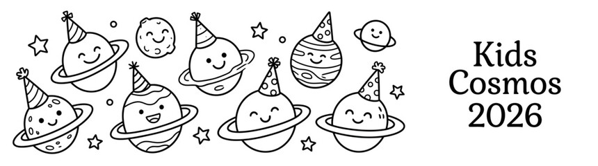 Kids Space Doodle Collection 2026: Cute Cartoon Planets with Party Hats for Birthday Coloring Page © Andri_Taulana