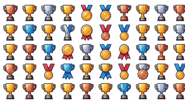Collection of colourful trophy and medal icons. Graphics show gold silver bronze awards and ribbons. Symbols represent competition victory achievement and winning prizes. Great for design.