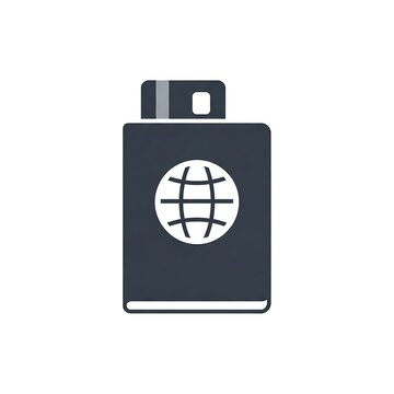 Passport icon with a globe symbol on the cover and a card peeking out from the top isolated on a white background