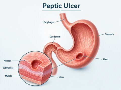 AI generated medical infographic showing peptic ulcer the stomach duodenum labeled anatomy tissue layers mucosa submucosa muscle magnified cross section