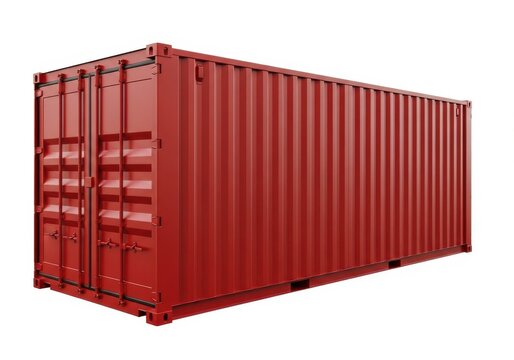 Rusty red shipping container with vertical corrugations and doors open isolated on white background