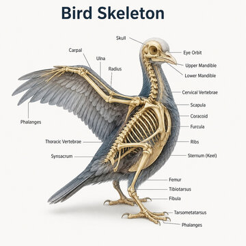 AI generated educational bird skeleton anatomy diagram labeled bones detailed avian structure isolated white background ideal for biology veterinary learning science reference