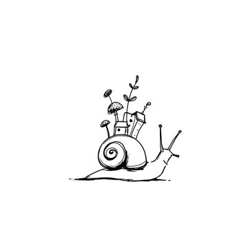 Whimsical snail carrying a tiny fairy village on its shell with mushrooms and plants