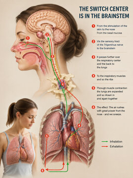 AI generated detailed sneezing reflex anatomy showing brainstem trigeminal nerve respiratory pathway lungs diaphragm airflow for medical education healthcare clinical reference