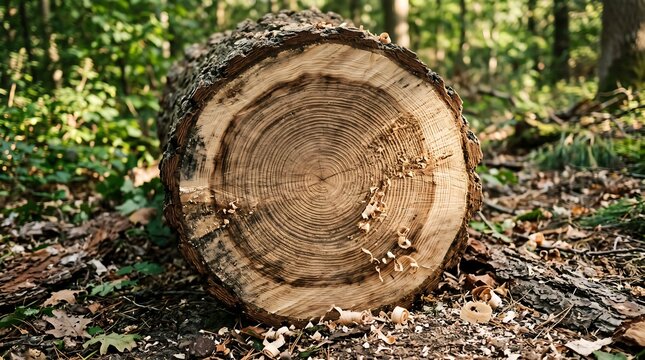 Close-up view of a freshly cut tree log showing its distinct annual growth rings and textured bark on the forest floor.