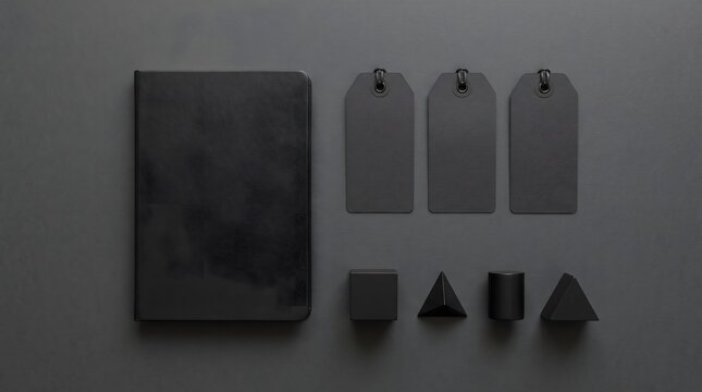 Flat lay mockup of a black notebook with three blank tags and geometric shapes on a dark grey background for presentation