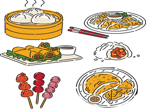 Flat vector illustration set of China street food, featuring steamed bao buns, dumplings, spring rolls, char siu bao, scallion pancake, and tanghulu candied fruit in a hand drawn style.