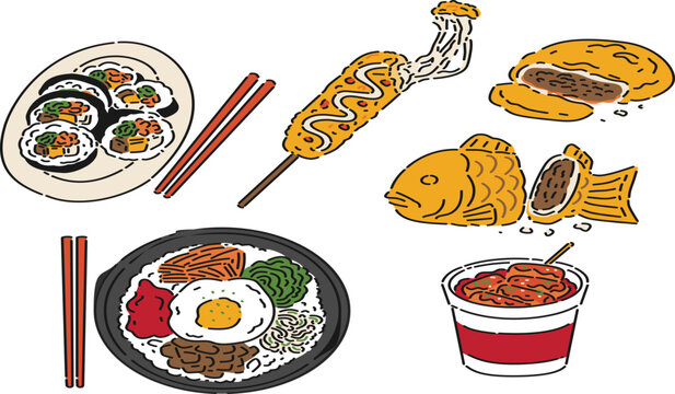 Flat vector illustration set of Korea street food, featuring tteokbokki, korean corn dog, kimbap, hotteok, bungeoppang, and bibimbap bowl in a hand drawn style.