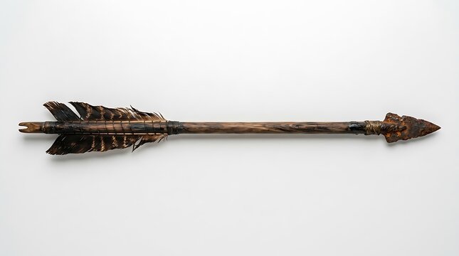 Traditional wooden arrow with stone arrowhead and brown feathers for hunting and archery
