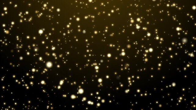 ゴールド背景に金のキラキラ光粒とオーブがゆっくり降り注ぐループ動画素材 / Slow falling golden light particles and bokeh orbs on gold background loop video