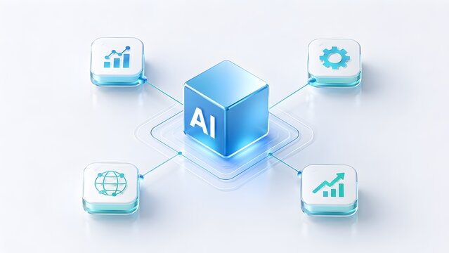 Central artificial intelligence AI cube connecting to business icons for data analytics global network and growth on white background representing technology integration