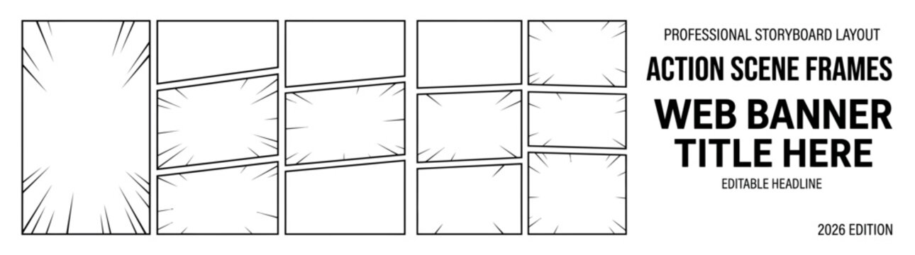 Professional Vertical Storyboard Layout 2026 Action Scene Frames Web Banner Template with Speed Lines