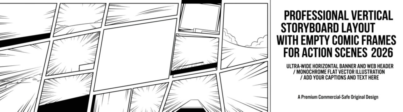 Professional 2026 Vertical Storyboard Layout with Empty Comic Frames for Action Scene Web Header