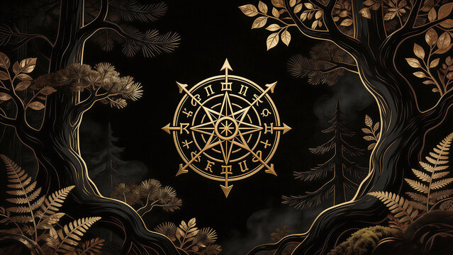 Golden compass in forest