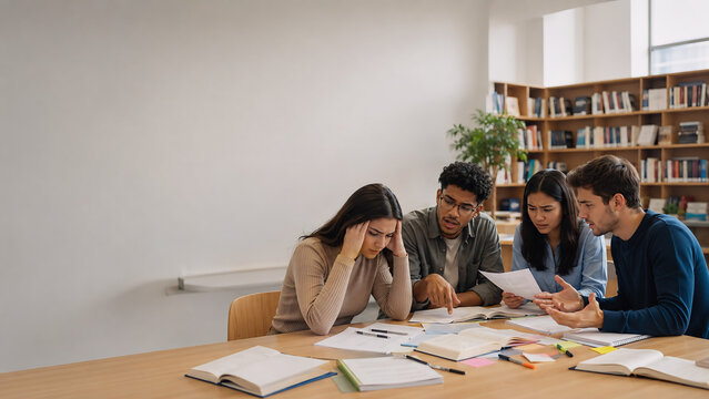 Diverse college students struggling with group assignment during collaborative study session in library