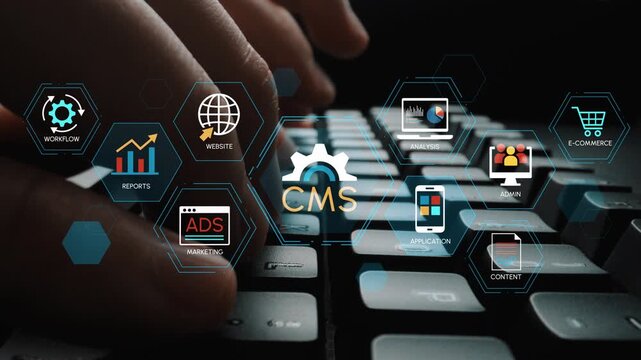 Close-up of Computer Keyboard with Digital Icons Representing Content Management System Features Such as Workflow E-commerce Data Analysis and More. Entropy.