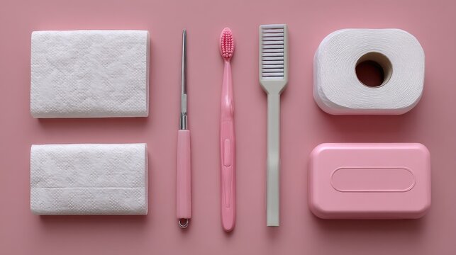 Soft pink bathroom essentials arranged neatly, including toothbrush, wipes, soap, and tools for personal care and hygiene