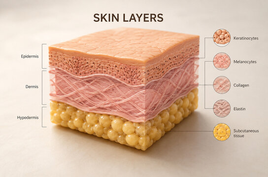 AI generated educational medical infographic illustrating human skin layers including epidermis dermis hypodermis collagen elastin melanocytes subcutaneous tissue clear labeled anatomy