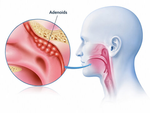 AI generated detailed adenoid enlargement anatomy showing nasopharynx lymphoid tissue airway structures medical visualization for education healthcare clinical reference