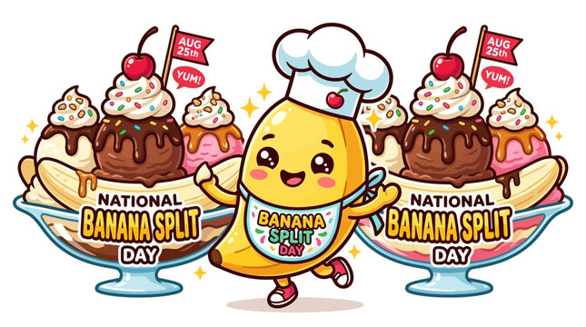 Cute Banana Chef Character with Banana Splits for National Banana Split Day