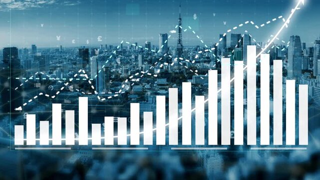 Dynamic financial growth concept featuring bar graphs and cityscape, representing upward trends in business and investment opportunities in modern markets. Copula