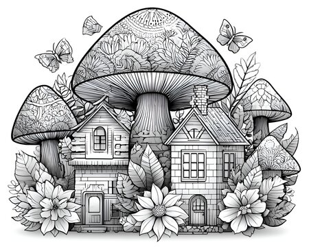 Whimsical mushroom houses with butterflies and flowers in a fantasy forest, coloring page illustration