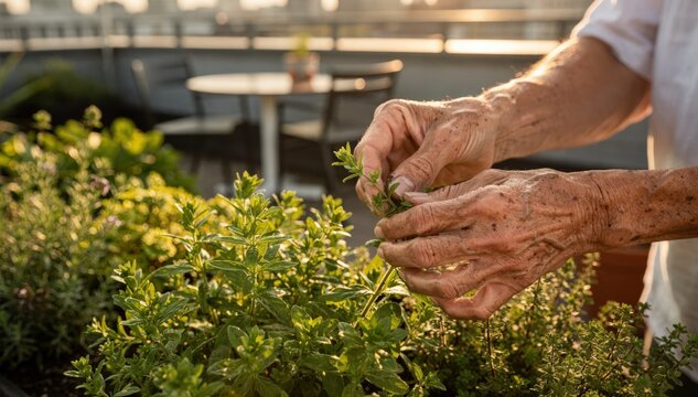 Close medium shot of elderly hands harvesting fresh herbs from a sunlit green roof garden with blurred seating area.