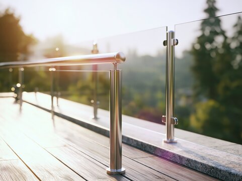 In the bright daylight, a modern glass deck railing features sleek clamps holding clear panels, enhancing the elegance of a luxury home deck