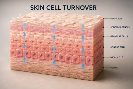 AI generated medical infographic illustrating skin cell turnover from basal cells to dead surface cells showing epidermis layers renewal process dermatology education