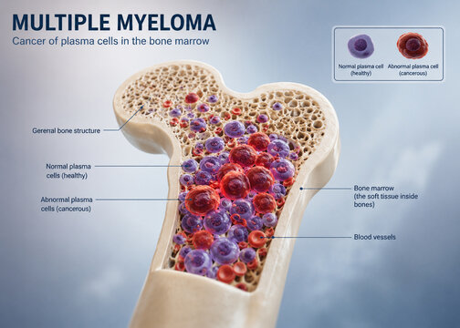 AI generated medical illustration of multiple myeloma showing abnormal plasma cells within bone marrow healthy cells bone structure disease progression for education clinical research