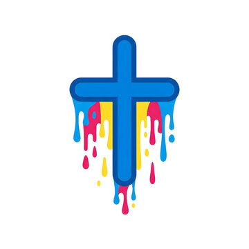 Blue christian cross icon with colorful melting paint drips on black