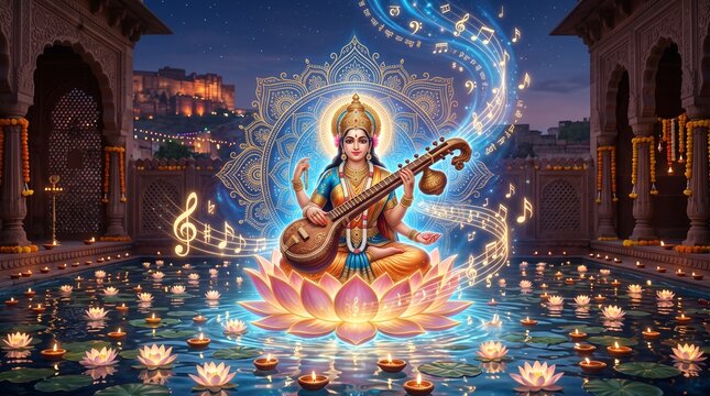Goddess Saraswati with Veena and Blue Gold Musical Aura