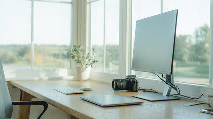 Fototapeta premium Inviting Modern Home Office Workspace Bathed in Natural Light with a Serene Window View