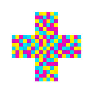 Colorful pixel art plus sign shape on black background