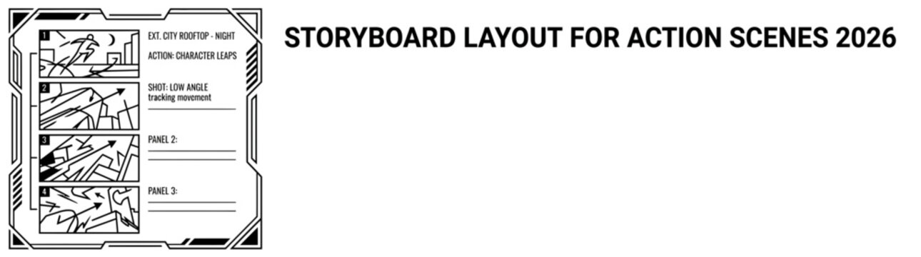 Professional Vertical Storyboard Layout 2026 for Action Scenes with Sci-Fi Interface Design Elements