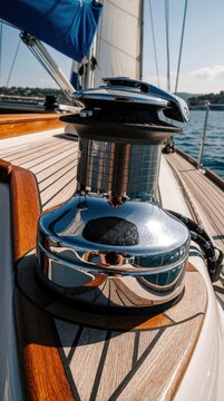 Metal winch on wooden sailboat deck under blue sky. Shiny stainless steel equipment for rigging sailing yacht controls ropes during sea cruise. Close up nautical gear reflects ocean view sunshine