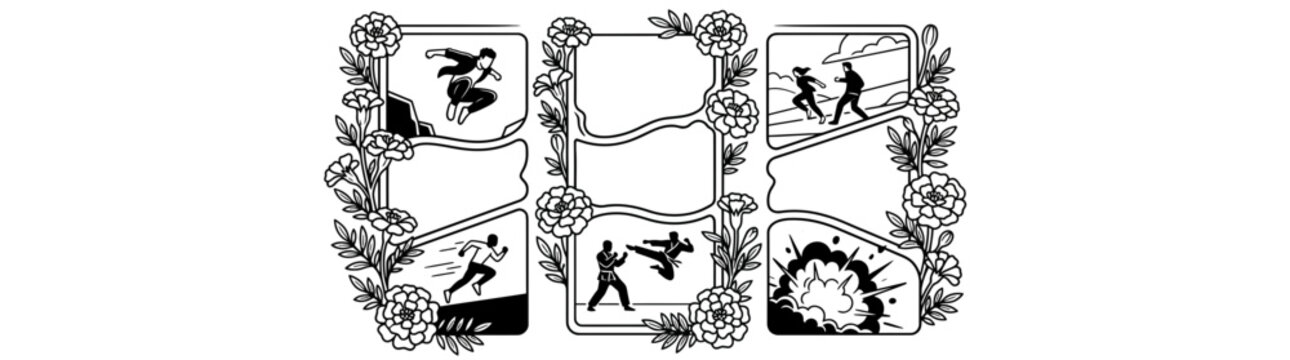Professional Vertical Action Storyboard Layout 2026 Featuring Martial Arts and Parkour Scenes