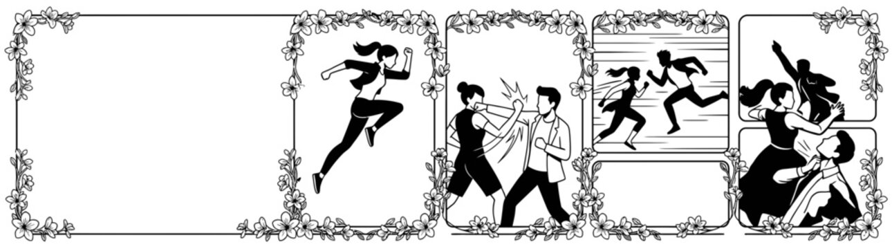 Professional Vertical Storyboard Layout 2026 Featuring Action Fighting Scenes with Floral Frame