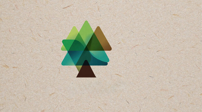 Geometric tree logo design on textured paper background. Abstract shapes form a stylized tree representing growth, nature, and sustainability. Perfect for eco friendly brands.