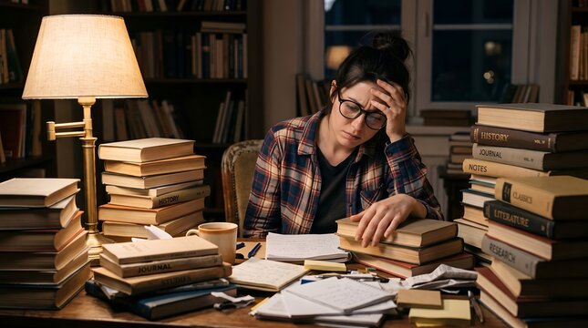 Exhausted student studying among stacks of library books.