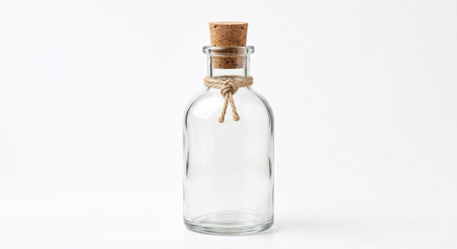 Clear Glass Storage Bottle With Cork Stopper On White Background